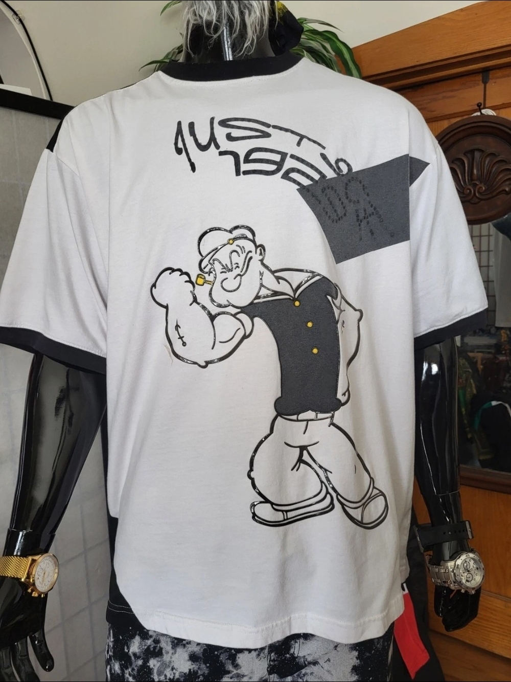 Justice White & Black Popeye Illustration Short Sleeve Tee